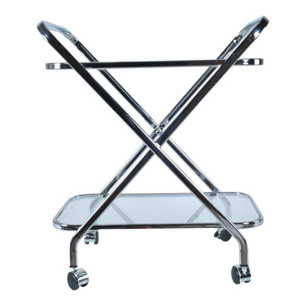 26" Silver Metal and Glass Rolling Bar Cart. Bar cart isolated on a plain white background, finished in silver glass.