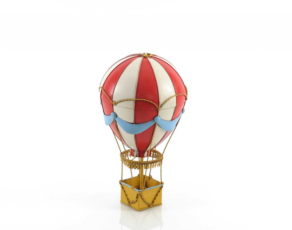 15" Red And White Metal Hand Painted Hot Air Balloon Tabletop Sculpture. Sculpture isolated on a plain white background, finished in white metal.
