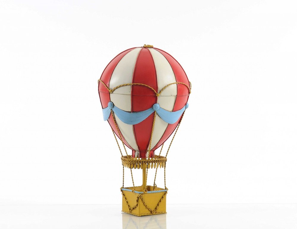 15" Red And White Metal Hand Painted Hot Air Balloon Tabletop Sculpture. Sculpture isolated on a plain white background, showing a white metal surface.