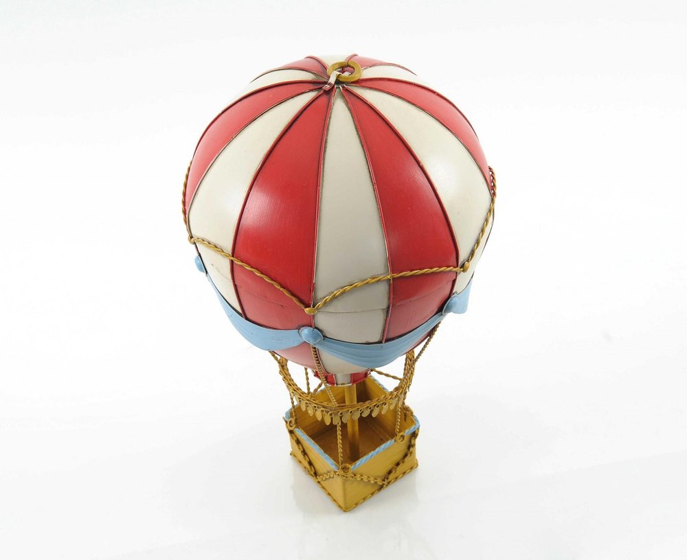 15" Red And White Metal Hand Painted Hot Air Balloon Tabletop Sculpture. Sculpture isolated on a plain white background, finished in white metal.