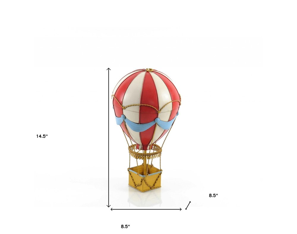 15" Red And White Metal Hand Painted Hot Air Balloon Tabletop Sculpture. Sculpture isolated on a plain white background, showing a white metal surface.