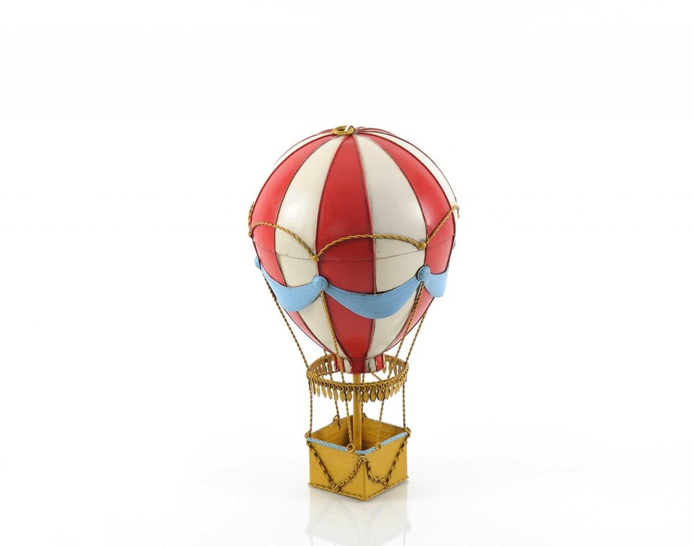 15" Red And White Metal Hand Painted Hot Air Balloon Tabletop Sculpture. Sculpture isolated on a plain white background, in a white metal finish.