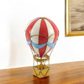 15" Red And White Metal Hand Painted Hot Air Balloon Tabletop Sculpture. Sculpture in white metal.