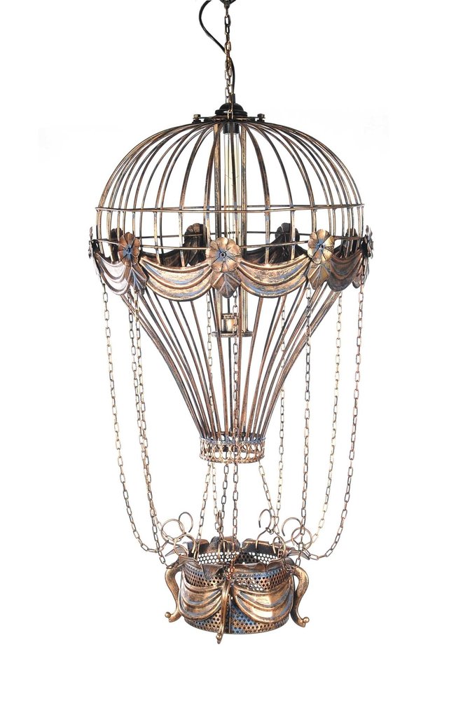 23" x 23" x 41" Vintage Hot Air Balloon Pendant. Pendant light isolated on a plain white background, showing its light gray color.