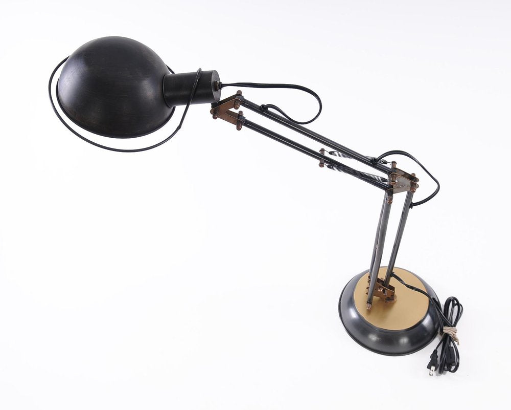 33" Black Metal Desk Table Lamp With Black Bowl Shade. Table lamp isolated on a plain white background, finished in black metal.