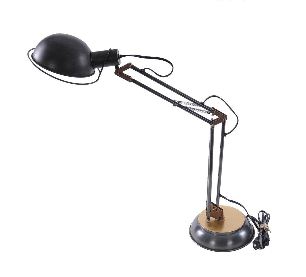 33" Black Metal Desk Table Lamp With Black Bowl Shade. Table lamp isolated on a plain white background, finished in black metal.