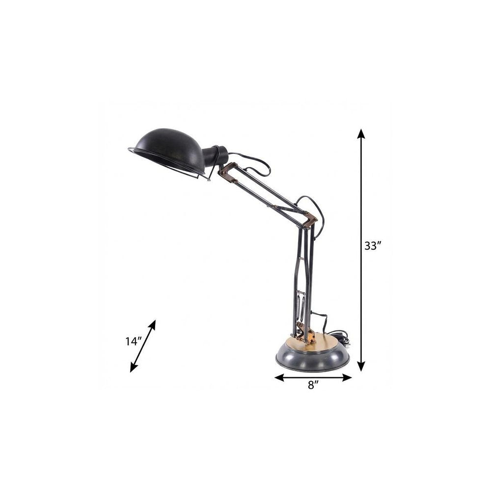 33" Black Metal Desk Table Lamp With Black Bowl Shade. Table lamp isolated on a plain white background, in a black metal finish.