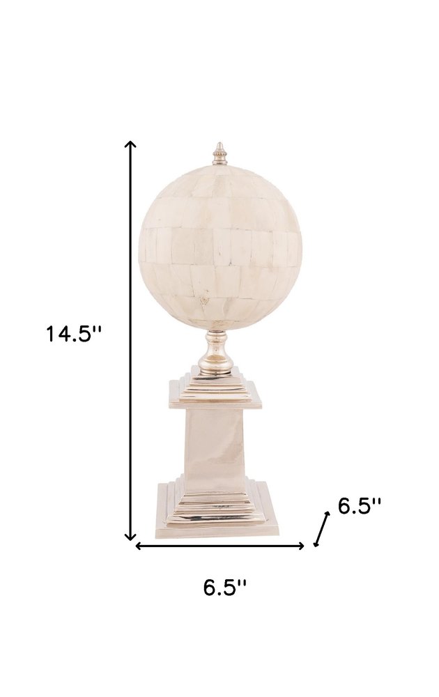15" Bone Metal Hand Painted Figurine Tabletop Sculpture. Sculpture isolated on a plain white background, finished in cream metal.