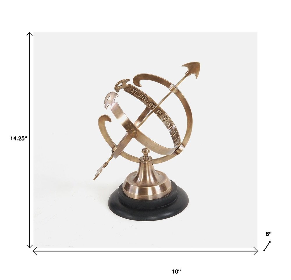 14" Brass And Black Metal Hand Painted Figurine Tabletop Sculpture. Sculpture isolated on a plain white background, showing a metal surface.