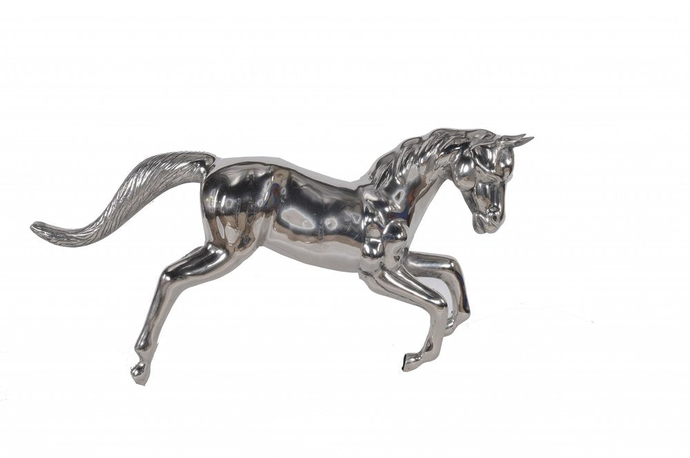 19" Nickel Metal Horse Figurine Tabletop Sculpture. Sculpture isolated on a plain white background, showing a silver metal surface.
