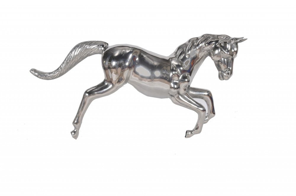 19" Nickel Metal Horse Figurine Tabletop Sculpture. Sculpture isolated on a plain white background, finished in silver metal.