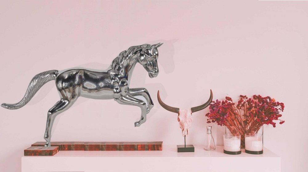19" Nickel Metal Horse Figurine Tabletop Sculpture. Sculpture isolated on a plain white background, finished in silver metal.
