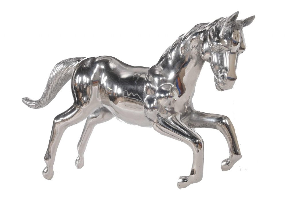 19" Nickel Metal Horse Figurine Tabletop Sculpture. Sculpture isolated on a plain white background, showing a silver metal surface.