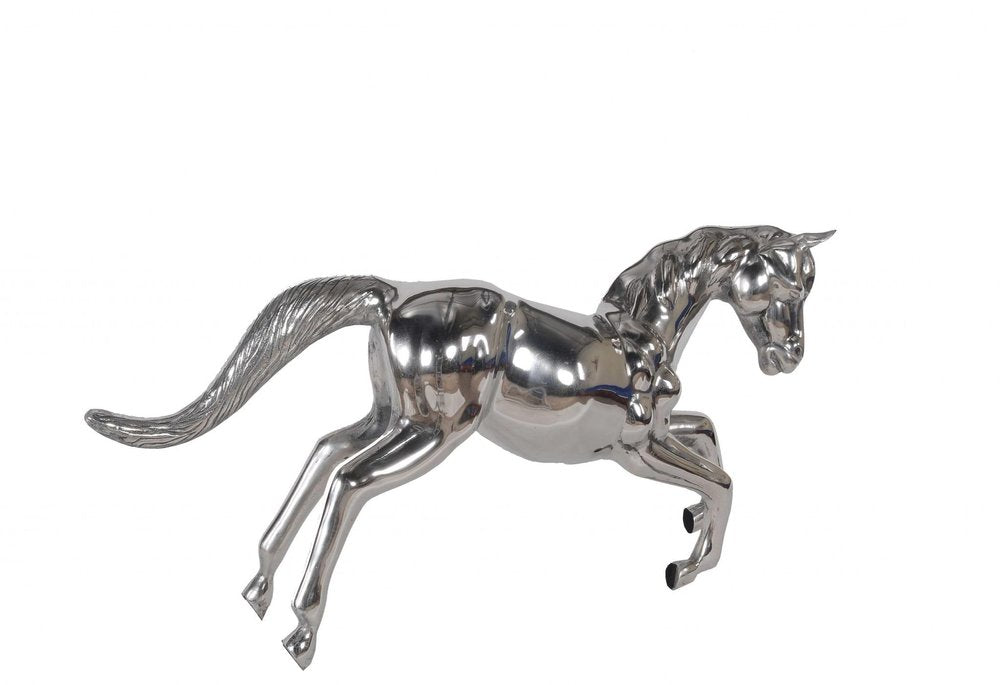 19" Nickel Metal Horse Figurine Tabletop Sculpture. Sculpture isolated on a plain white background, in a silver metal finish.