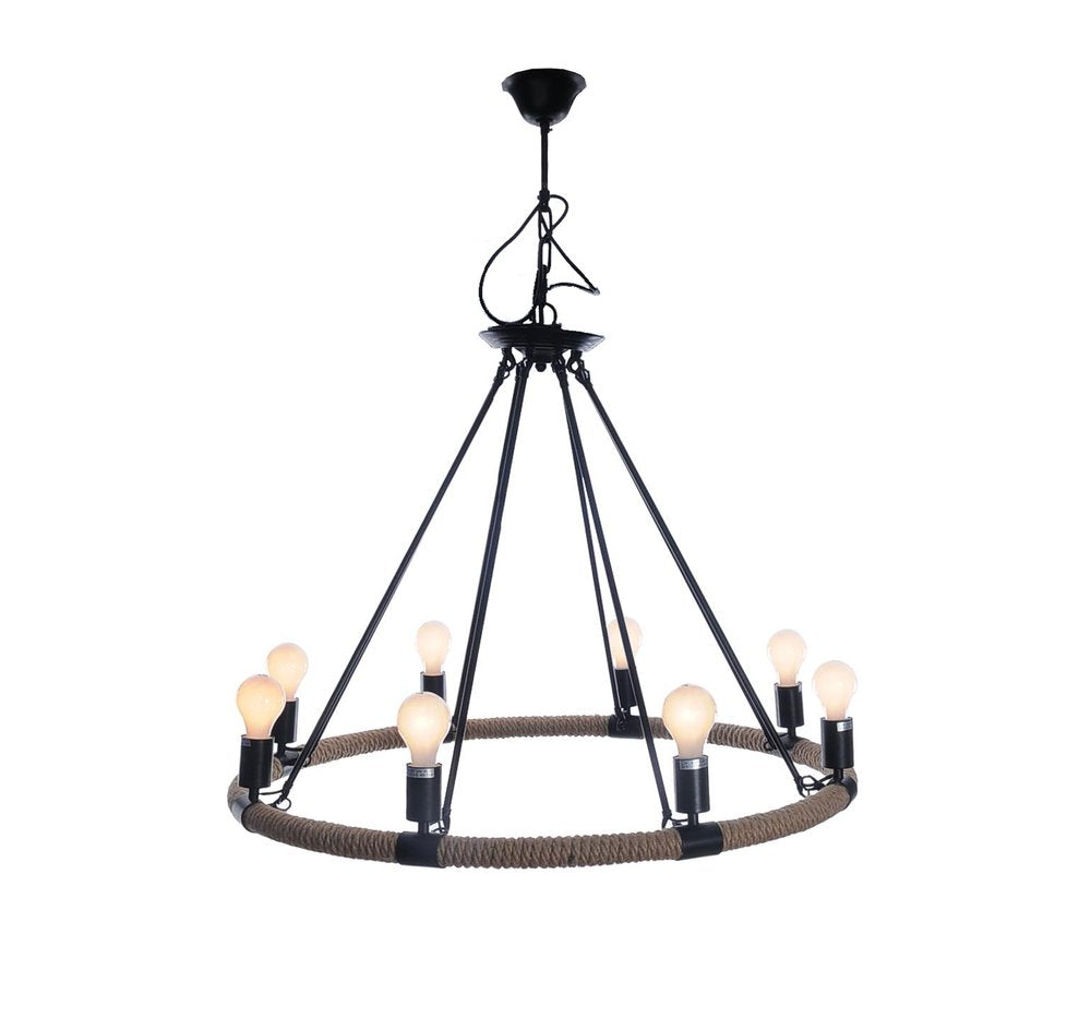 32" X 37" X 32" 8 Bulbs Rope Pendant Lamp. Pendant light isolated on a plain white background, in a gray finish.