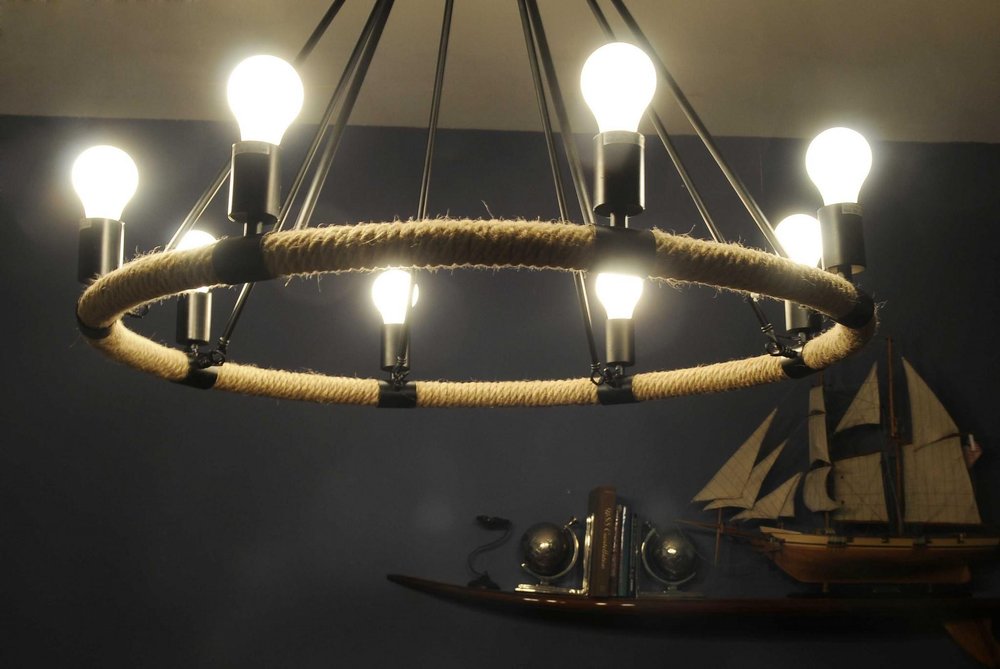 32" X 37" X 32" 8 Bulbs Rope Pendant Lamp photographed against a dark studio background in black.