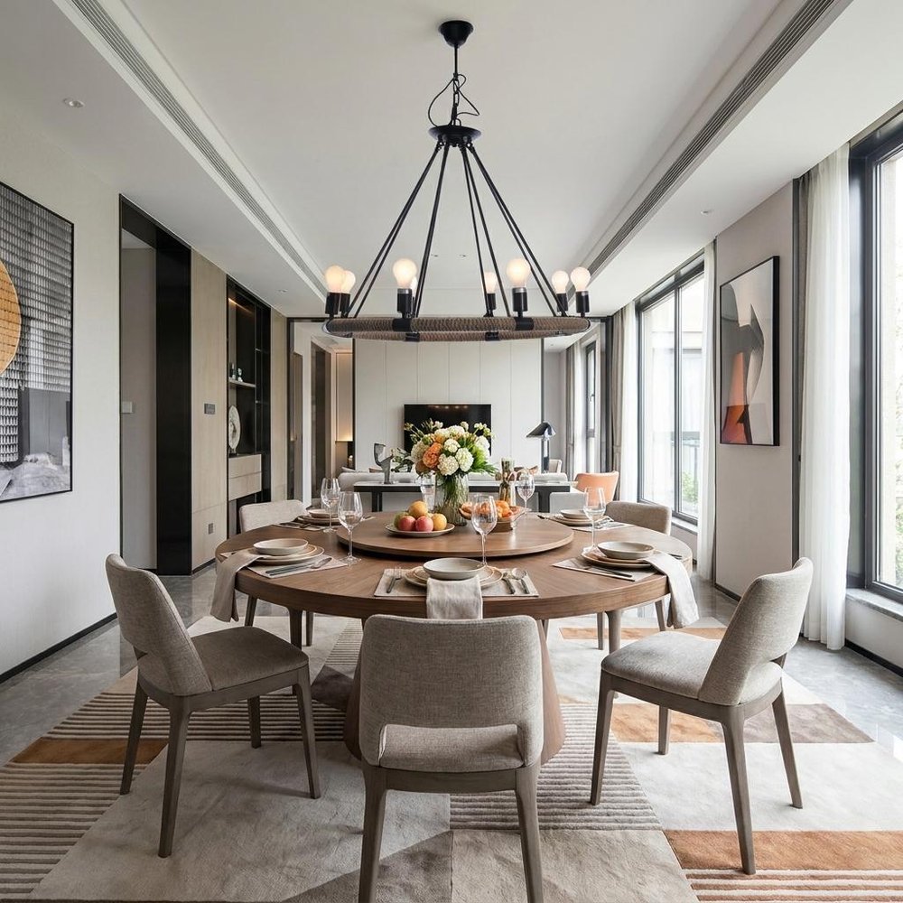 32" X 37" X 32" 8 Bulbs Rope Pendant Lamp hanging in a furnished interior against a light gray wall in light gray.