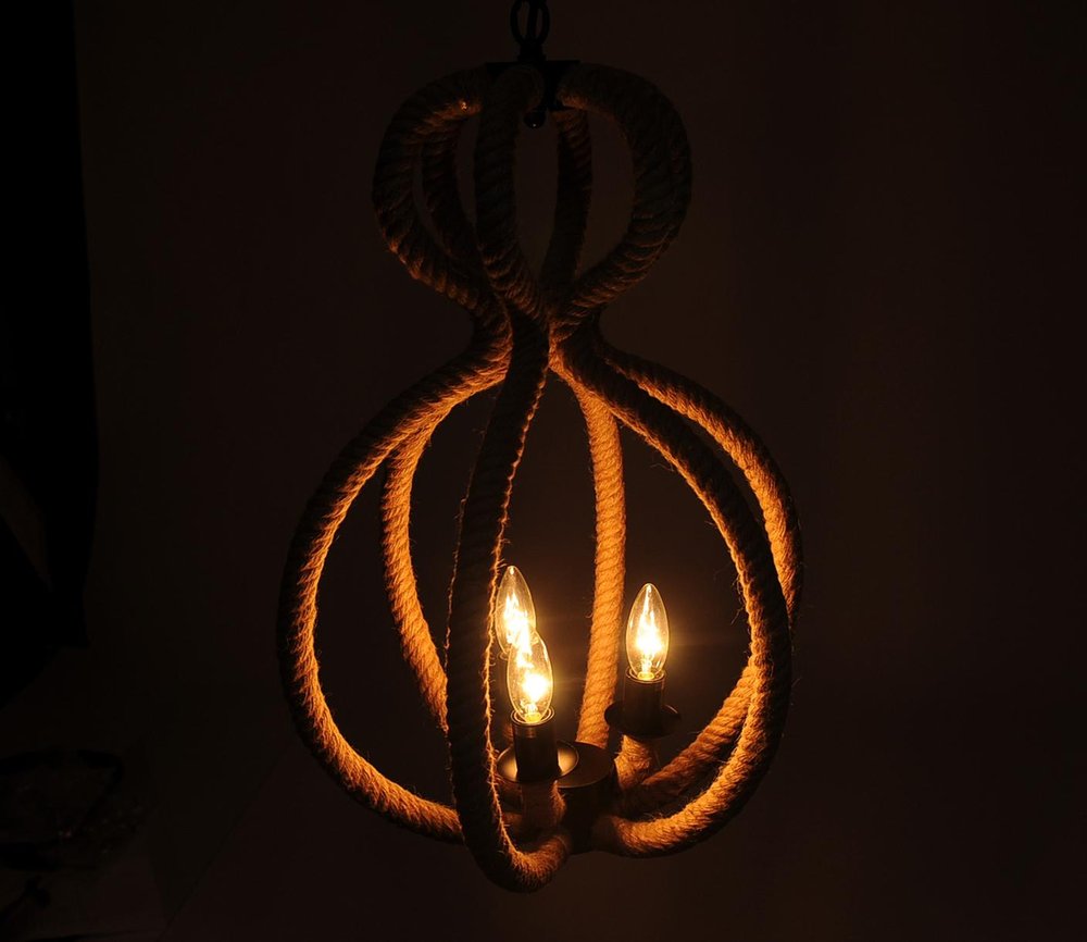 Natural and Black Iron and Rope Three Light Ceiling Light