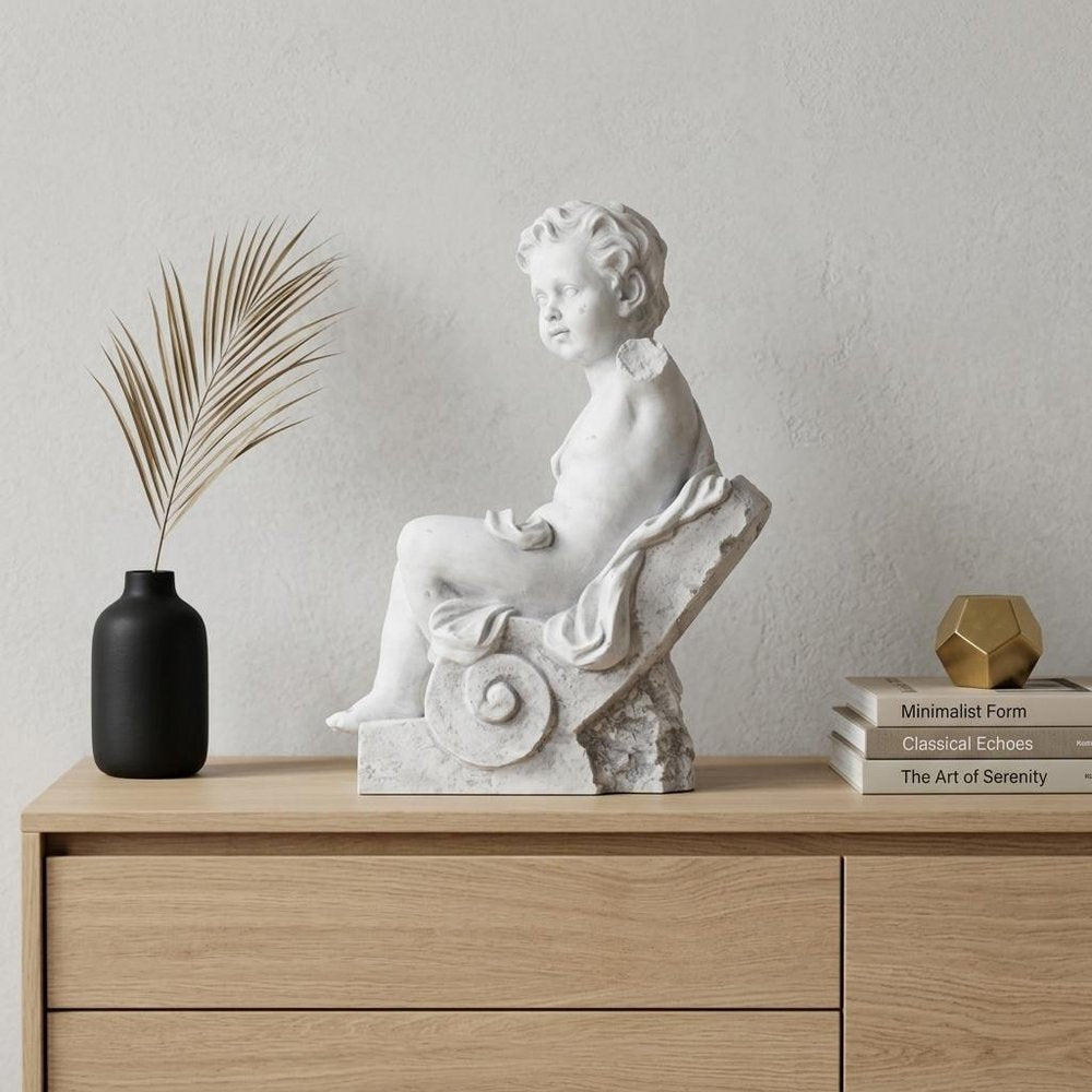 Vintage Look Off White Boy Sitting Statue