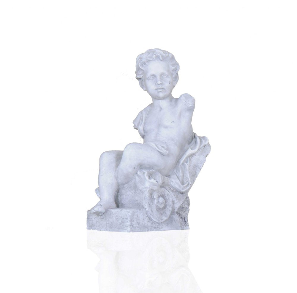 Vintage Look Off White Boy Sitting Statue on a white background
