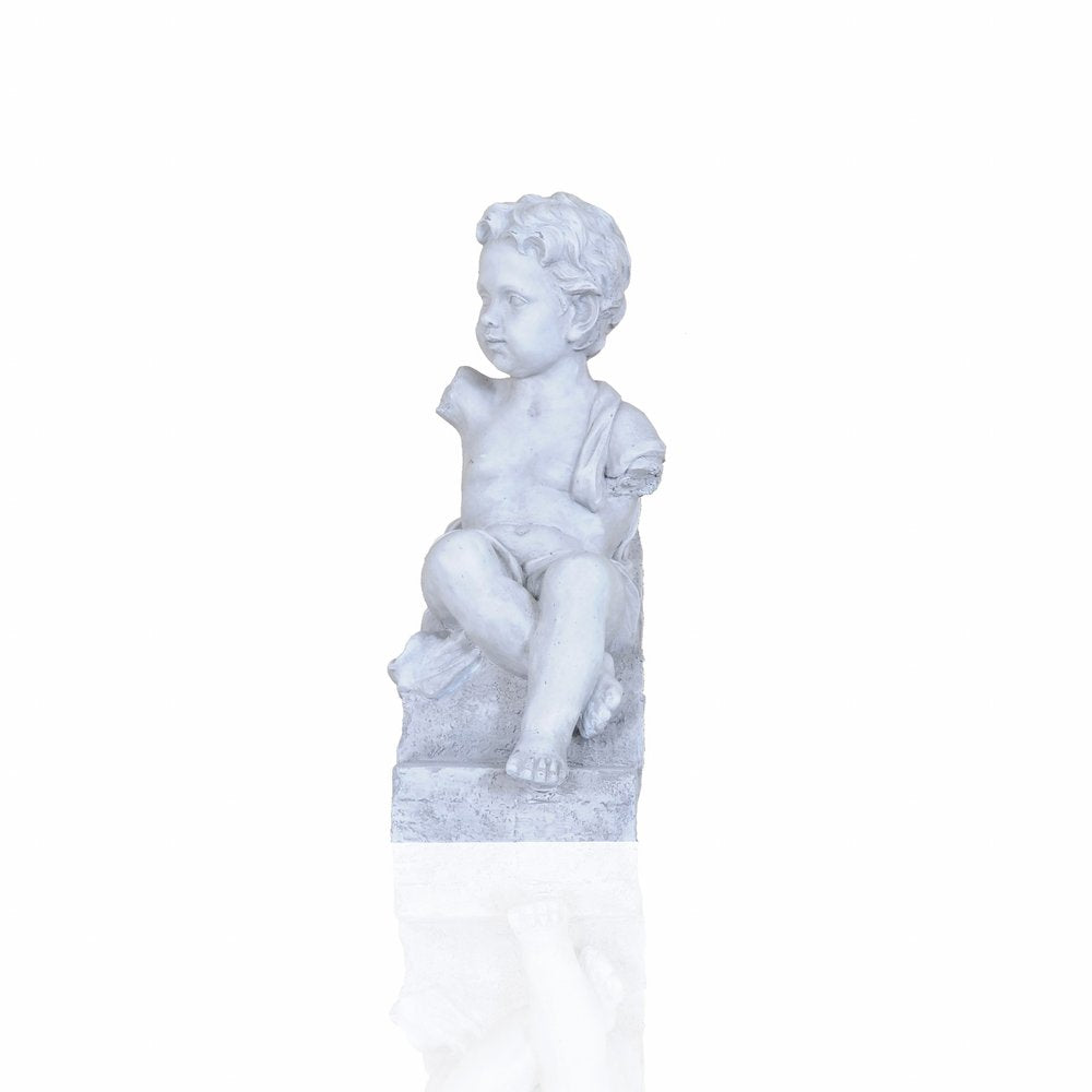 Vintage Look Off White Boy Sitting Statue on a white background