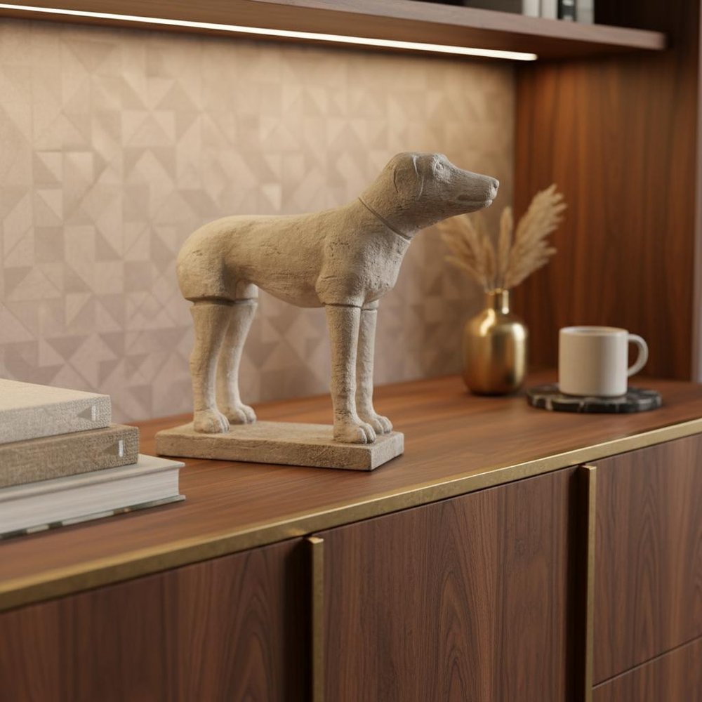 17" Natural Resin Hand Painted Figurine Tabletop Sculpture styled in a furnished interior with a dark brown wall on a dark wood floor in tan resin.