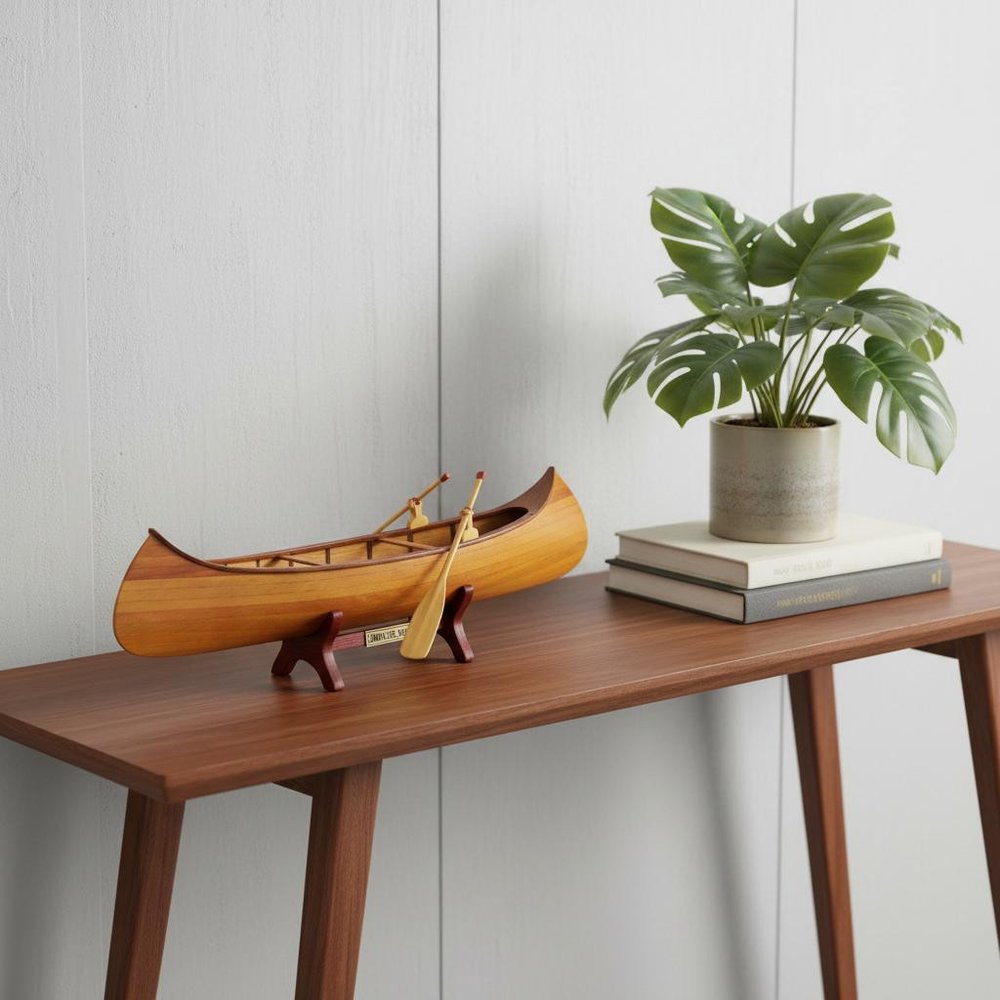 7" Brown Solid Wood Hand Painted Model Boat