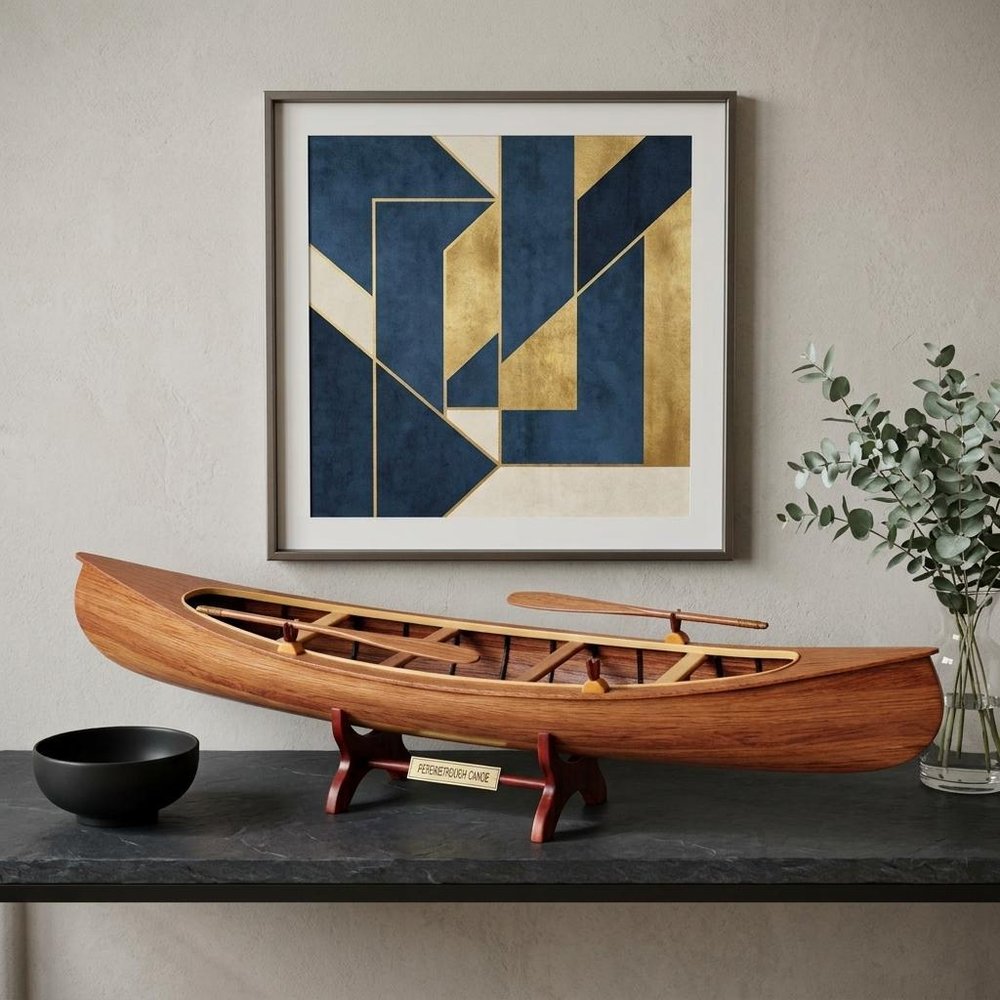 6" Wood Brown Solid Wood Hand Painted Model Boat Tabletop Sculpture