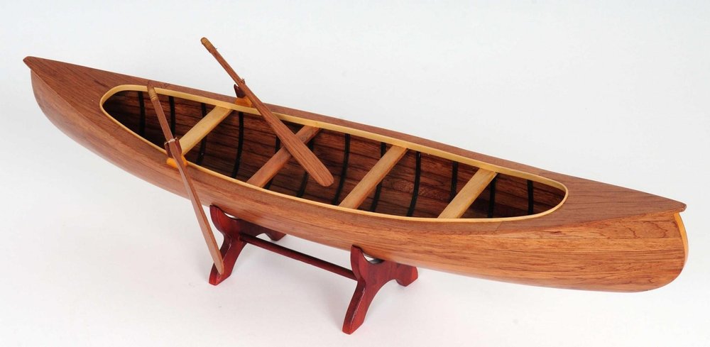 6" Wood Brown Solid Wood Hand Painted Model Boat Tabletop Sculpture. Sculpture isolated on a plain white background, finished in brown wood.