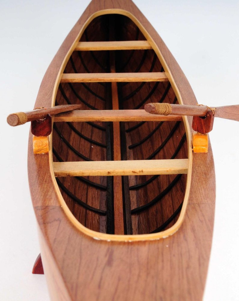 6" Wood Brown Solid Wood Hand Painted Model Boat Tabletop Sculpture. Sculpture isolated on a plain white background, in a brown wood finish.