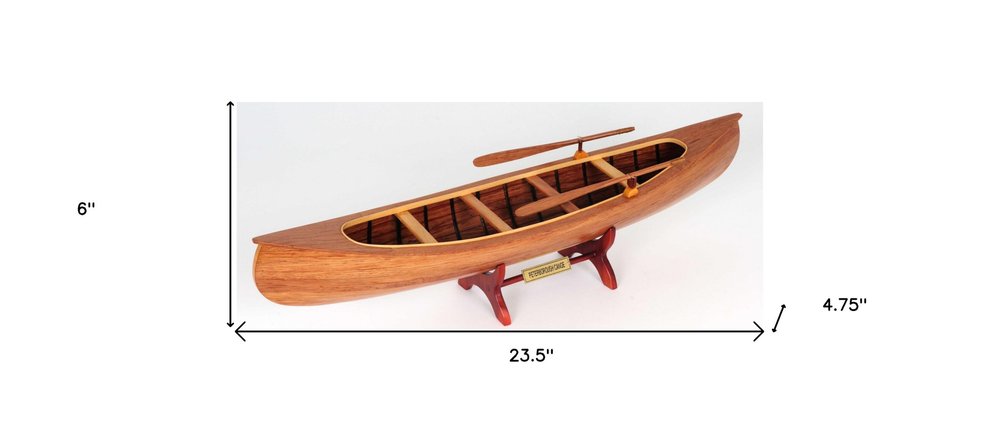 6" Wood Brown Solid Wood Hand Painted Model Boat Tabletop Sculpture. Sculpture isolated on a plain white background, finished in brown wood.