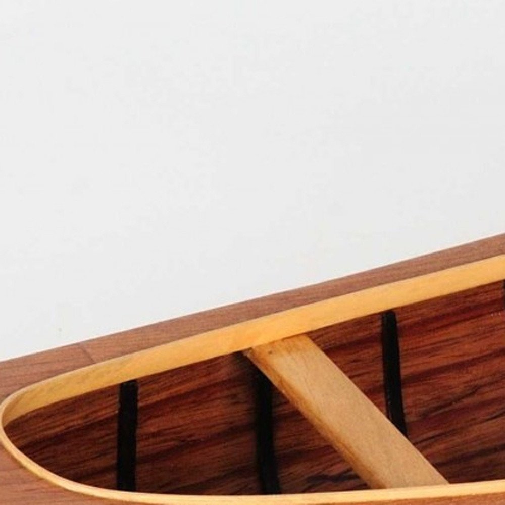 6" Wood Brown Solid Wood Hand Painted Model Boat Tabletop Sculpture. Sculpture isolated on a plain white background, finished in brown wood.