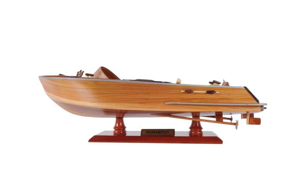 16" Brown Solid Wood Hand Painted Runabout Canoe Model Boat. Home product isolated on a plain white background, showing a brown wood surface.