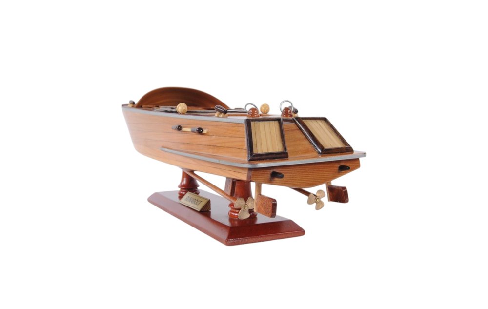 16" Brown Solid Wood Hand Painted Runabout Canoe Model Boat. Home product isolated on a plain white background, showing a brown wood surface.