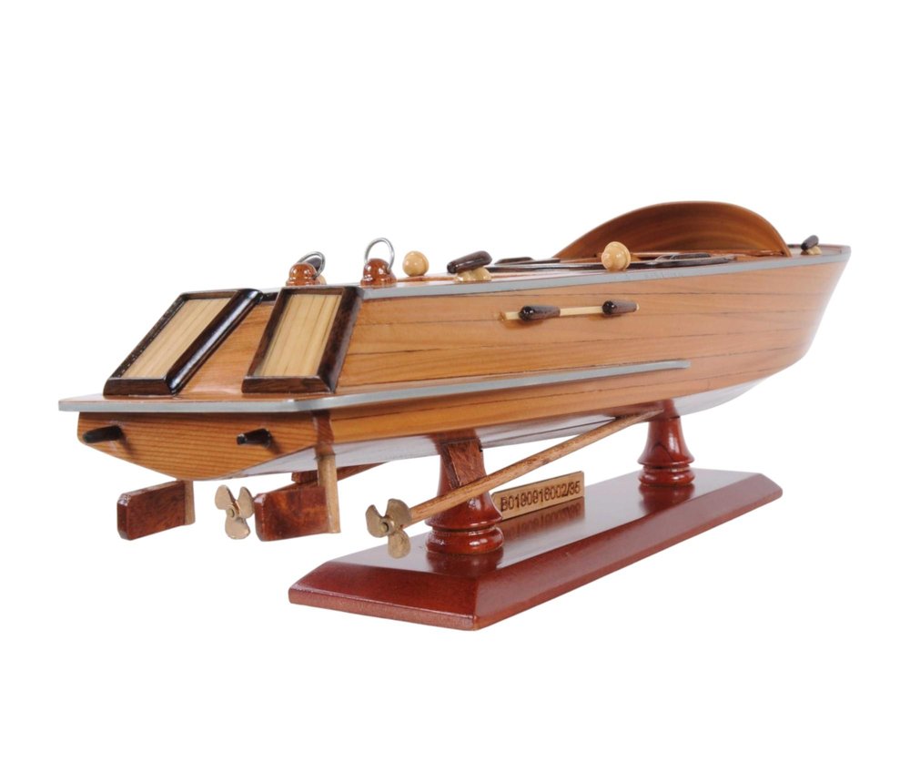 16" Brown Solid Wood Hand Painted Runabout Canoe Model Boat. Home product isolated on a plain white background, in a brown wood finish.
