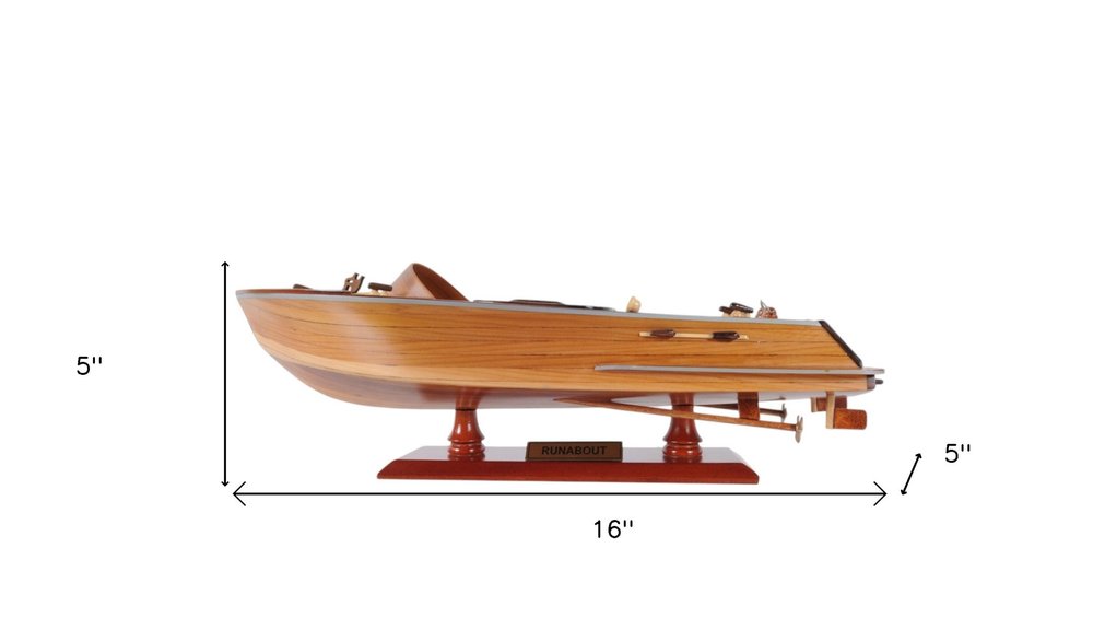 16" Brown Solid Wood Hand Painted Runabout Canoe Model Boat. Home product isolated on a plain white background, in a brown wood finish.