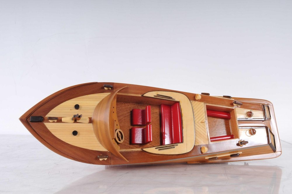 16" Brown Solid Wood Hand Painted Runabout Canoe Model Boat. Home product isolated on a plain white background, showing a brown wood surface.