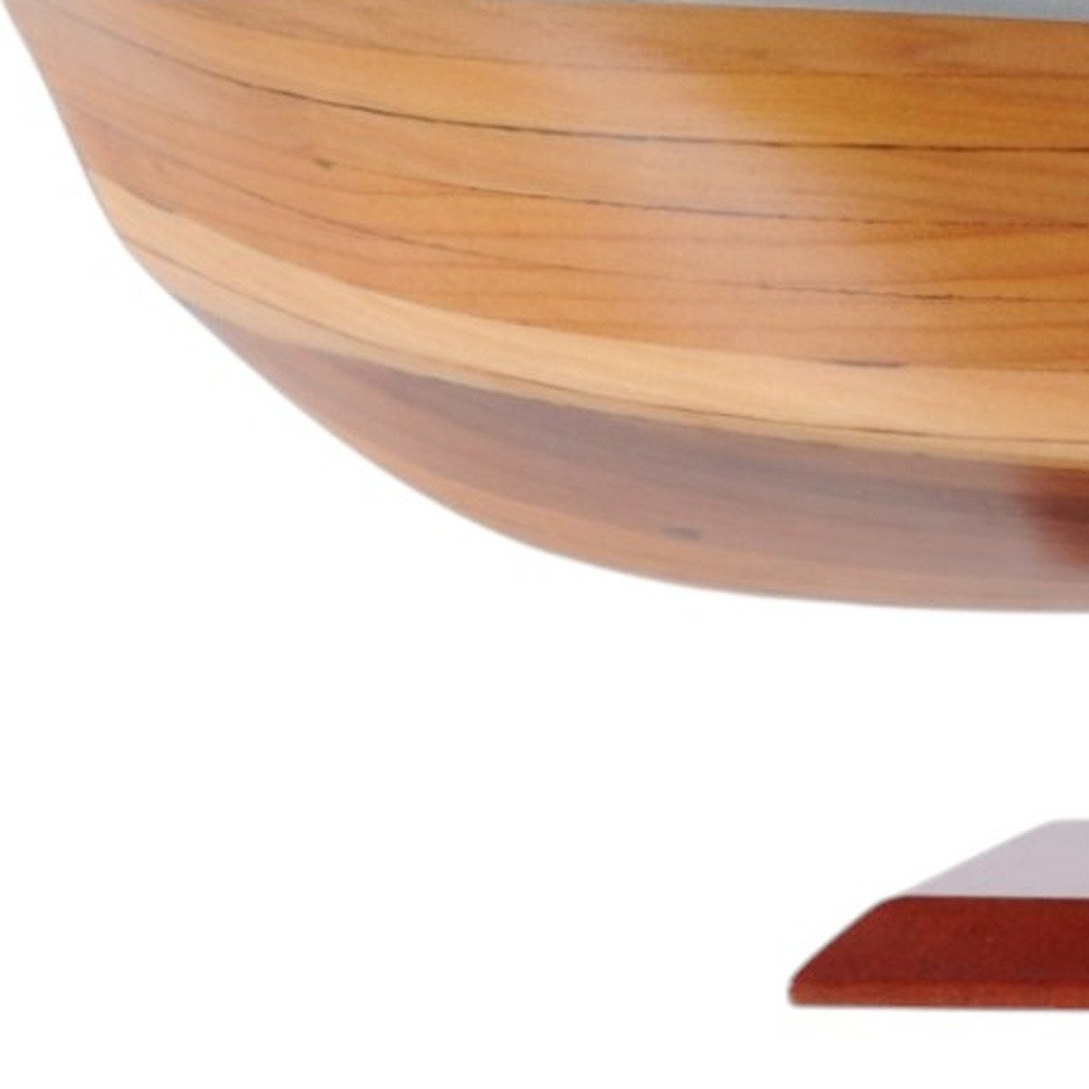 16" Brown Solid Wood Hand Painted Runabout Canoe Model Boat. Home product isolated on a plain white background, in a brown wood finish.