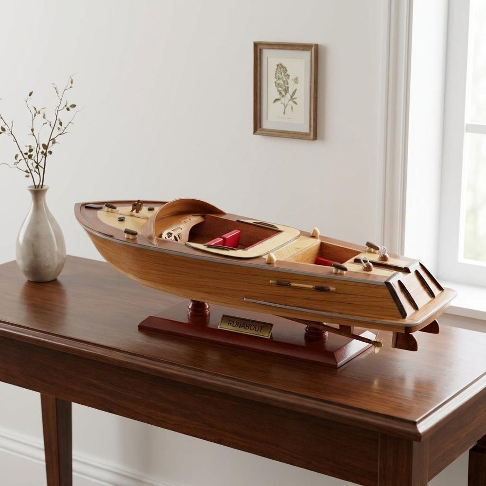 16" Brown Solid Wood Hand Painted Runabout Canoe Model Boat. Home product in brown wood.