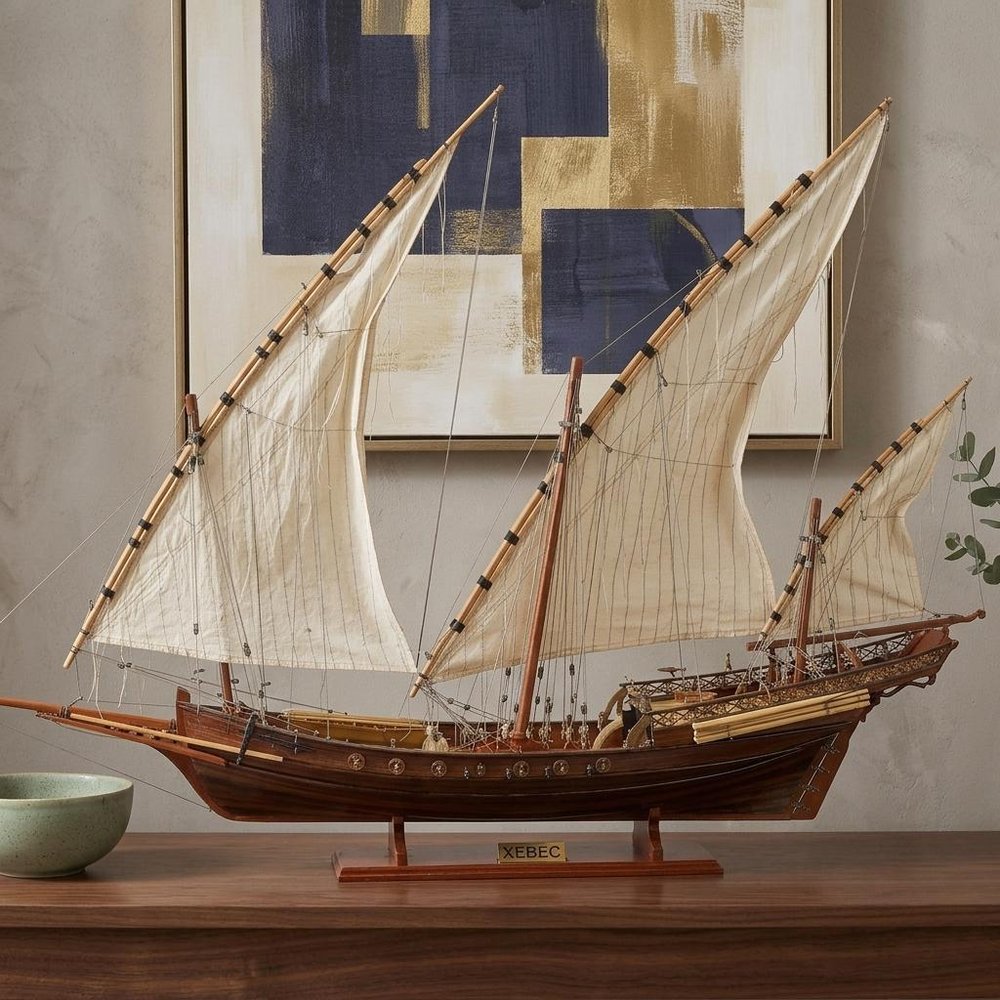27" Brown Manufactured Wood Boat Hand Painted Sculpture