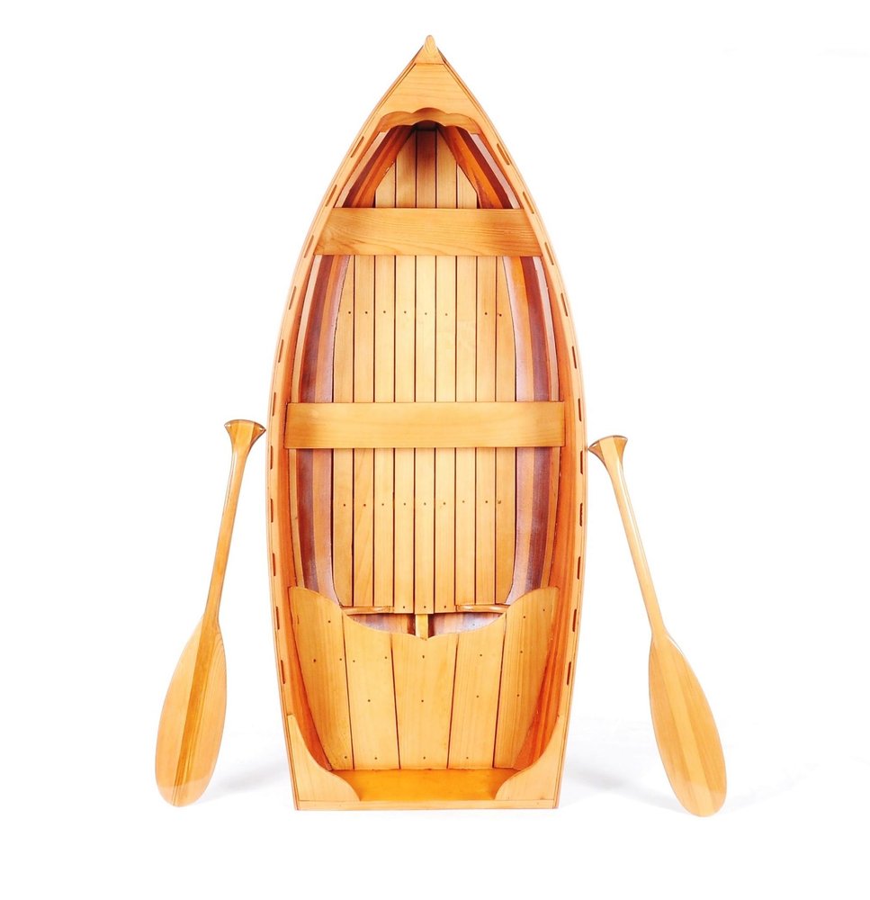 15" Brown Solid Wood Hand Painted Model Boat. Home product isolated on a plain white background, showing a brown wood surface.