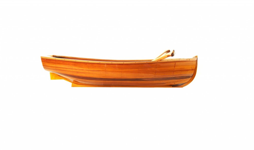 15" Brown Solid Wood Hand Painted Model Boat. Home product isolated on a plain white background, in a brown wood finish.