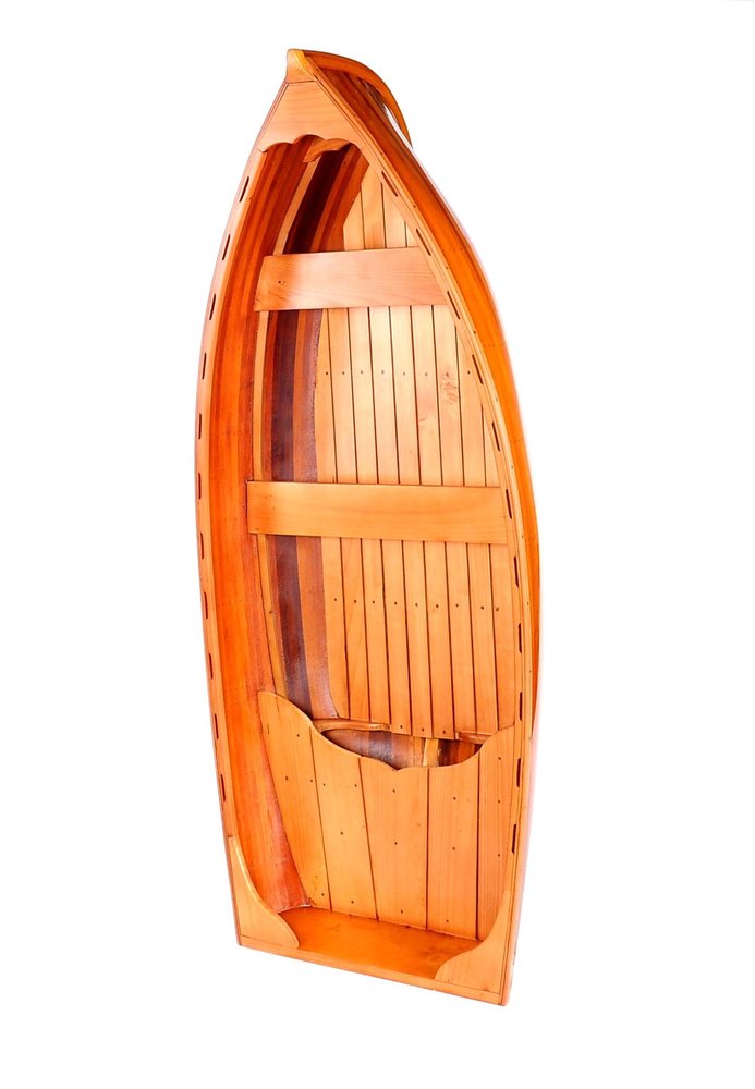 15" Brown Solid Wood Hand Painted Model Boat. Home product isolated on a plain white background, finished in brown wood.