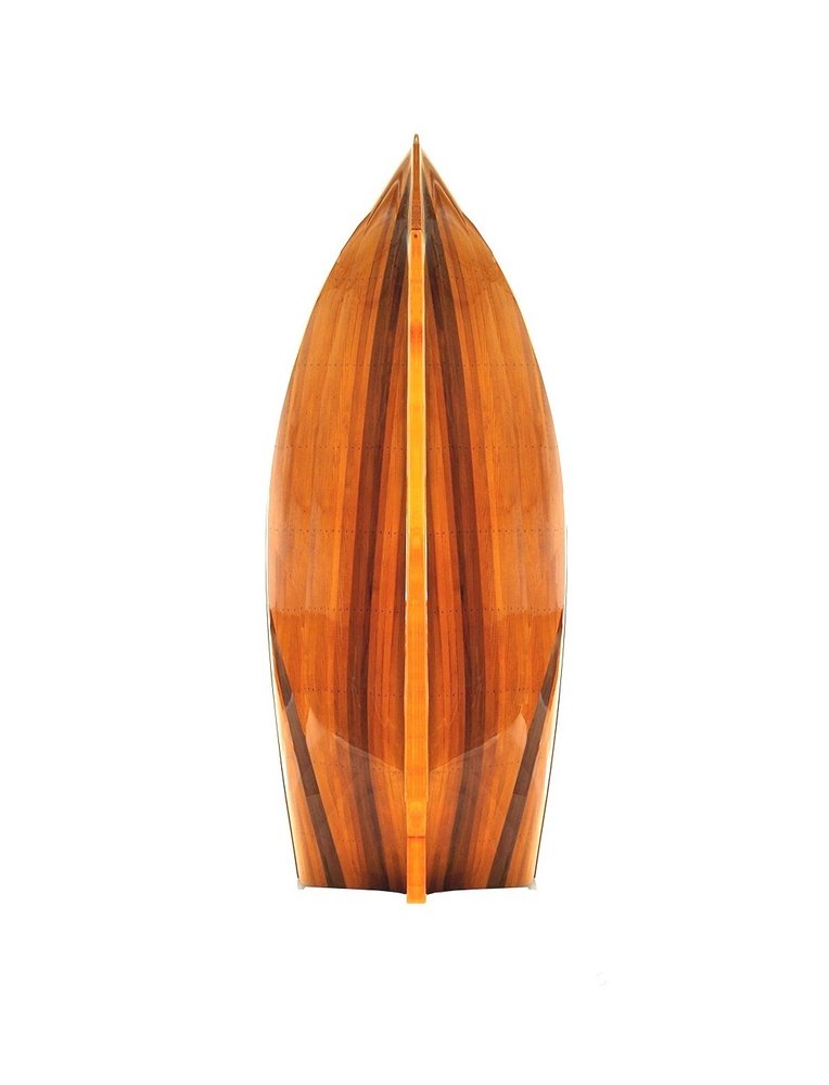 15" Brown Solid Wood Hand Painted Model Boat. Home product isolated on a plain white background, in a brown wood finish.