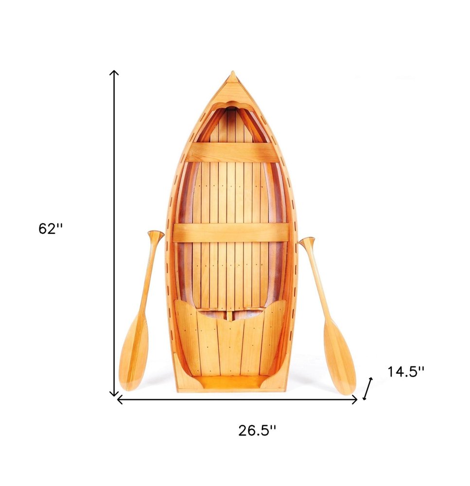 15" Brown Solid Wood Hand Painted Model Boat. Home product isolated on a plain white background, finished in brown wood.