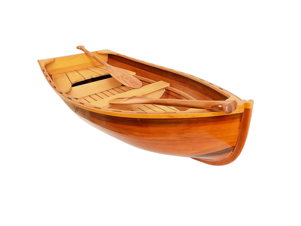 15" Brown Solid Wood Hand Painted Model Boat. Home product isolated on a plain white background, in a brown wood finish.