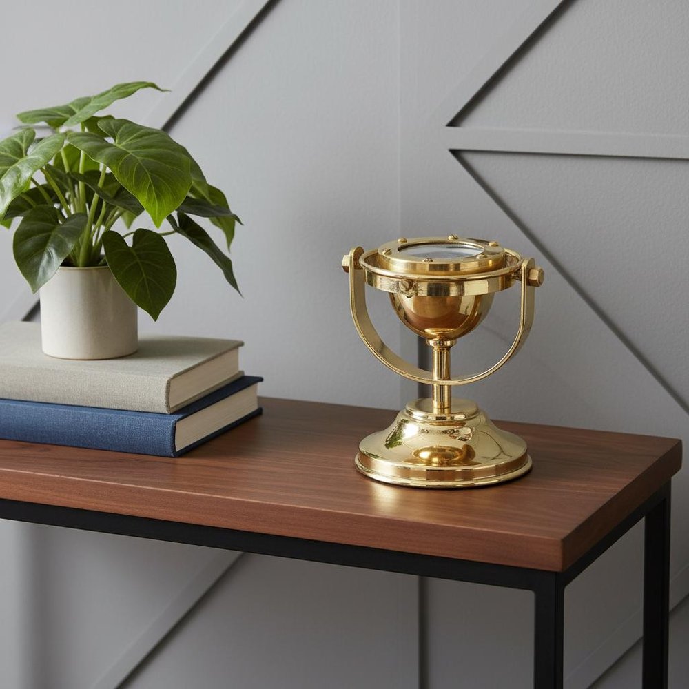 4.5" X 5" X 5.5" Gimbaled Compass displayed on a tabletop in a furnished interior against a light gray wall.