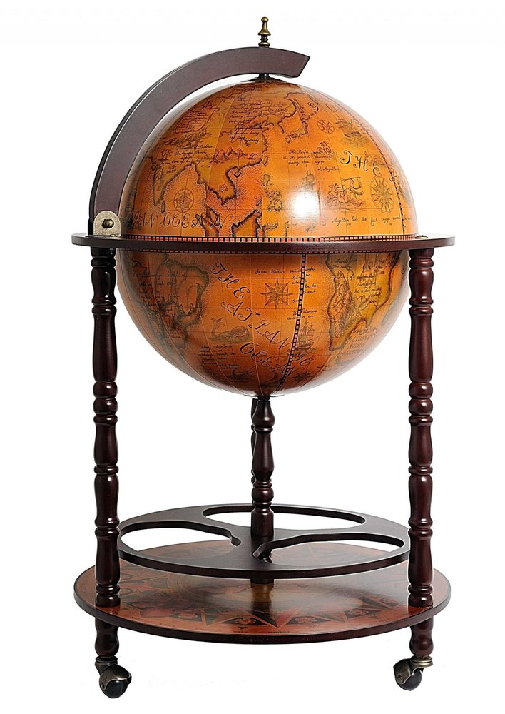 A brown solid wood round rolling bar cart with a globe on top, shown against a white background.