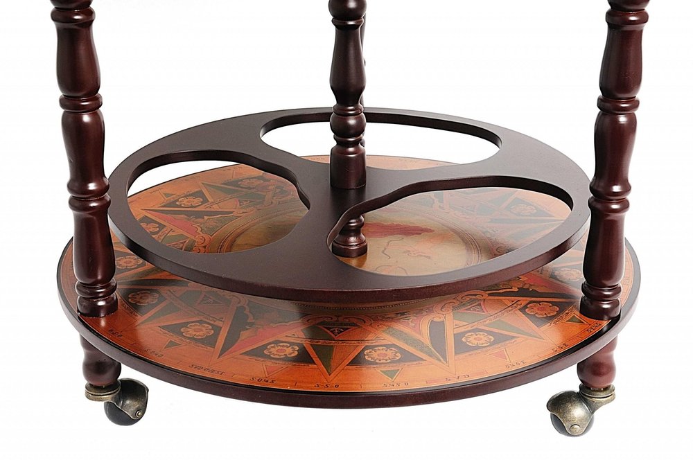 22" Brown Solid Wood Round Rolling Bar Cart. Bar cart isolated on a plain white background, finished in brown wood.