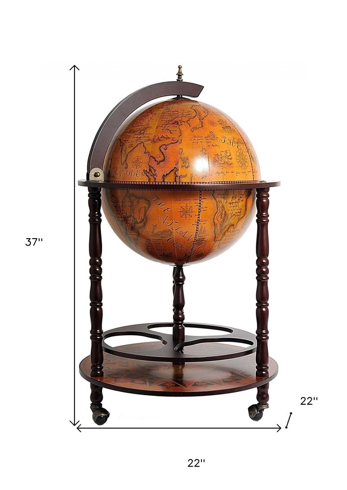 22" Brown Solid Wood Round Rolling Bar Cart. Bar cart isolated on a plain white background, showing a brown wood surface.